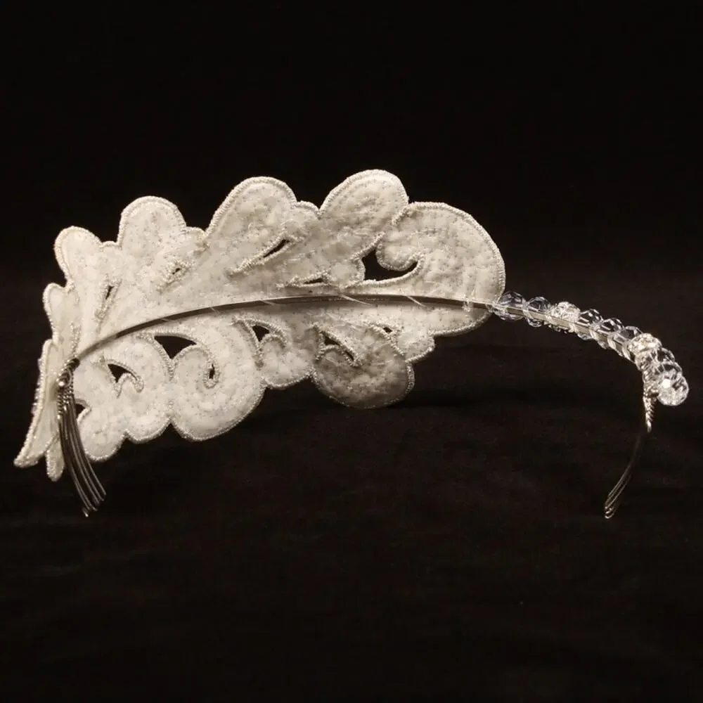Giavan HB41 Art Nouveau Bridal Headband Headpiece Ivory Silver Beaded